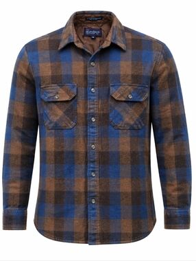1980s Men's Blue and Brown Plaid Flannel Shirt 50% Wool/45% Cotton/5% Nylon